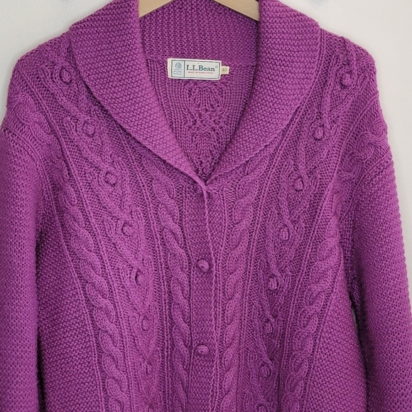 Vintage L.L. Bean | Wool Magenta Cable Knit Cardigan Sweater Size 40 - Picture 2 of 5